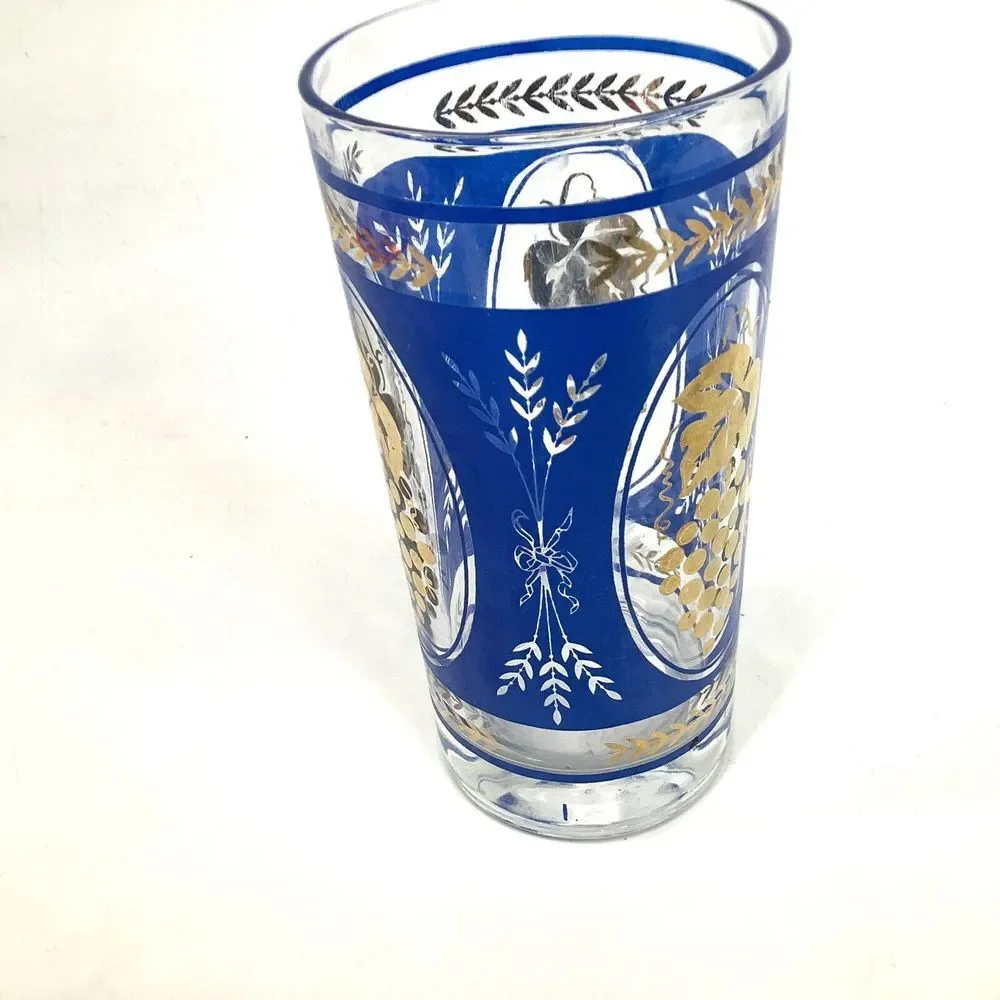Vtg Mid Century Cobalt Blue Wheat Gold Grapes‎ Glass Drinking Tumbler 2.5